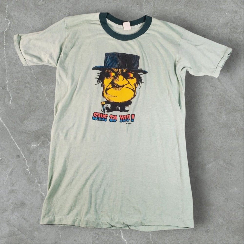 Vintage 70s Shirt Mens Large Green Same To You Angry Face Humour 1975 Ringer Tee